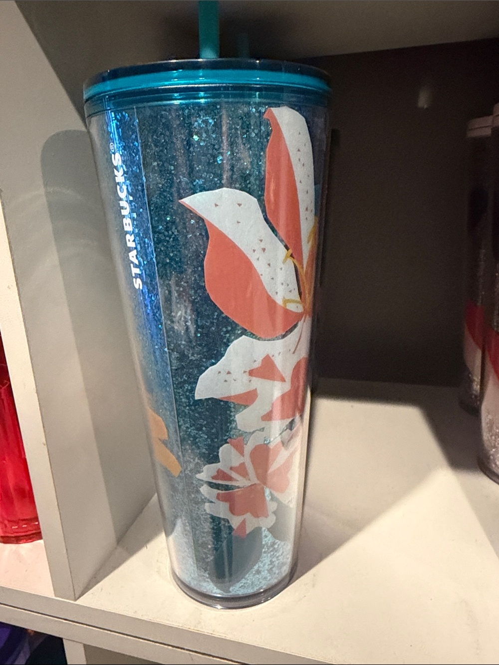 Starbucks Teal Glitter Tumbler with Pink & White Floral Design